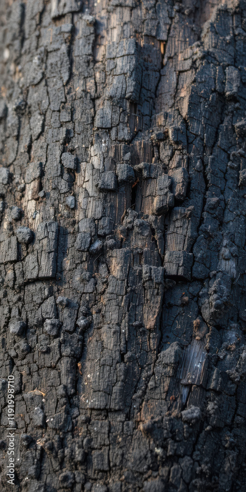 Close-up of charred tree bark, showcasing the texture and damage from fire. Close-up of charred tree bark, showcasing the texture and damage from fire.