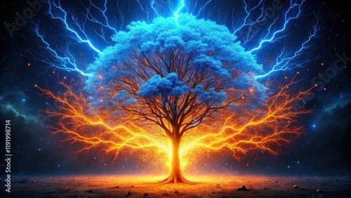 Electric blue tree struck by lightning with bright orange sparks flying out of it and a crackling sound effect