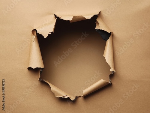 hole torn texture through layers of brown paper reveals empty space behind  - ai