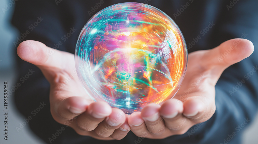 Crystal Ball of Potential: A pair of hands cradles a shimmering crystal ball, a swirling vortex of colors radiating from within. Crystal Ball of Potential: A pair of hands cradles a shimmering crystal ball, a swirling vortex of colors radiating from within.