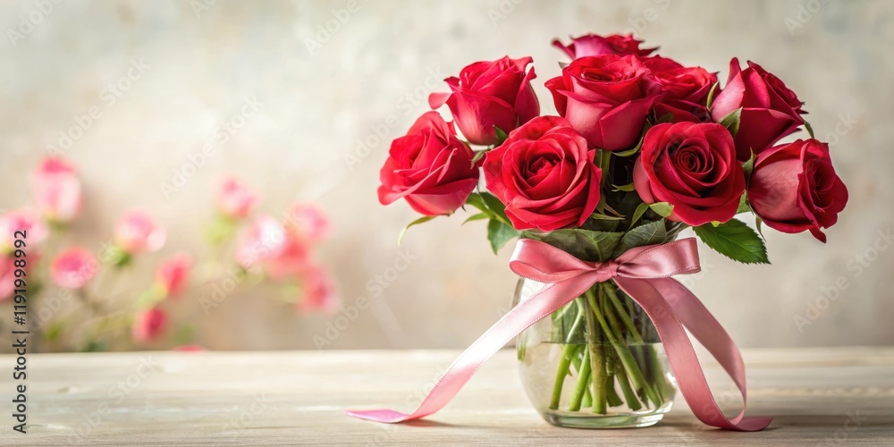 A posy of red roses with a soft pink ribbon tied around the stems A posy of red roses with a soft pink ribbon tied around the stems