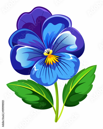 A vibrant blue pansy flower illustration with detailed petals.