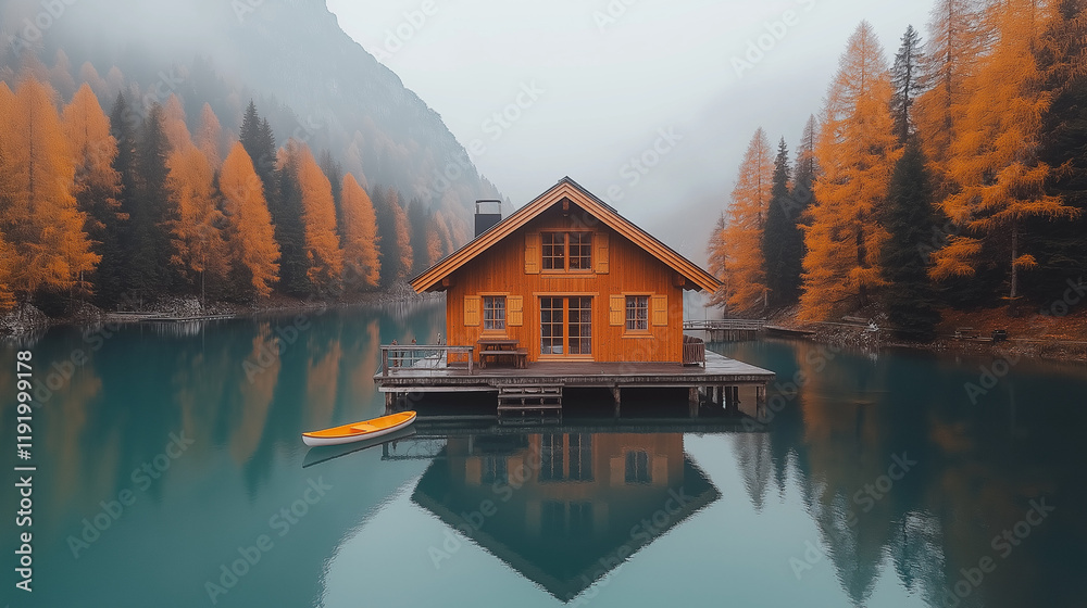 Fototapeta premium Secluded Lakeside Cabin: A charming wooden cabin nestled on a pristine lake, surrounded by vibrant autumn foliage and mist-shrouded mountains.