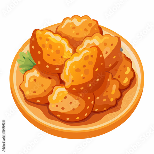 A plate of golden, crispy fried snacks with a garnish.