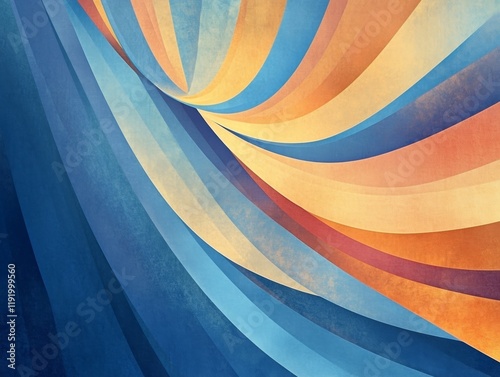 A colorful abstract painting with blue, orange, and yellow stripes