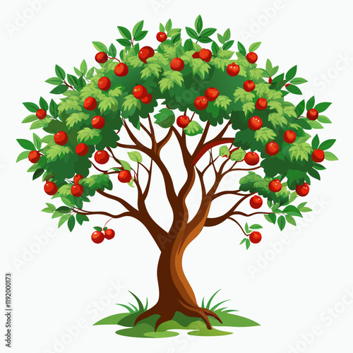 A vibrant tree with lush green leaves and ripe red apples.