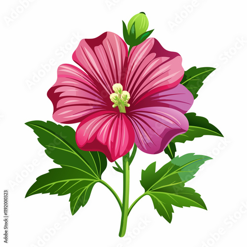A vibrant pink flower with green leaves and a budding flower.