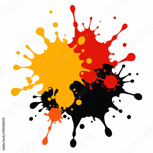 Colorful paint splashes in yellow, red, and black on a white background.