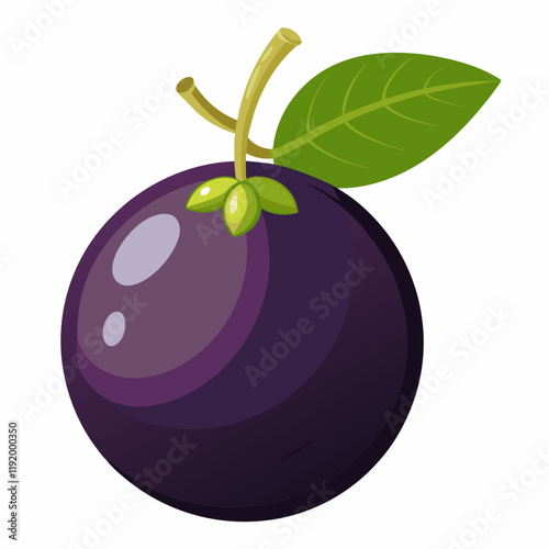 A stylized illustration of a purple fruit with leaves and stems.