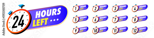Countdown hours left vector 1,2,3,4,5,6,7,8,9,10,12,24 badges set coorful style for social media post, promotion, promo offer