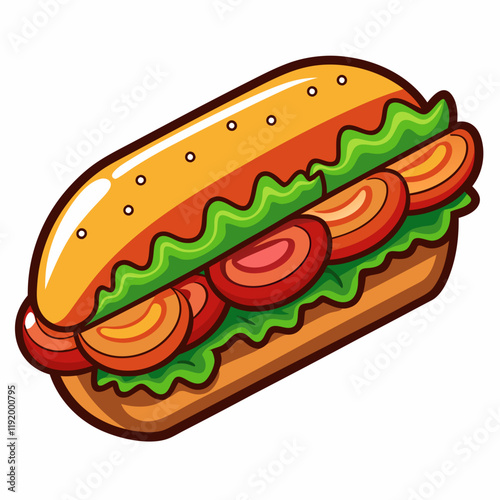 A colorful illustration of a hot dog with toppings.