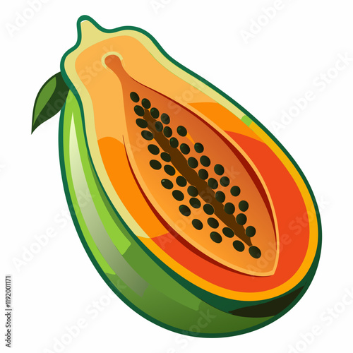 A stylized illustration of a halved papaya with seeds.