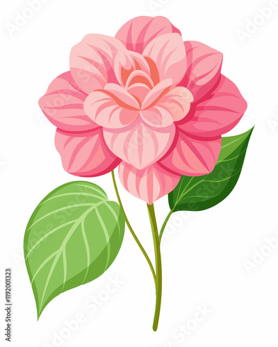 A vibrant pink flower illustration with detailed petals and leaves.