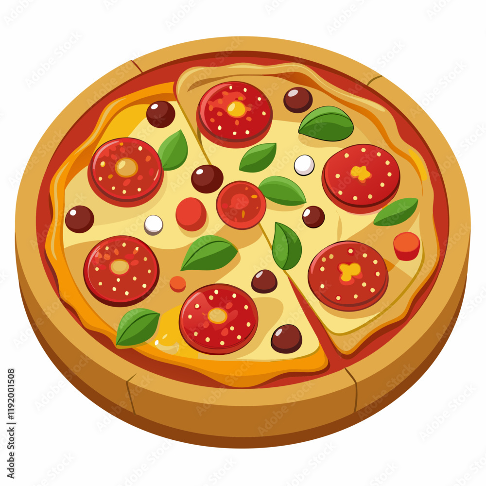 A colorful illustration of a delicious pizza with various toppings. A colorful illustration of a delicious pizza with various toppings.