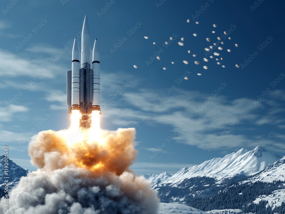 Fototapeta premium Powerful rockets ascend dramatically against a vibrant blue sky and snowy mountains.. AI Generated