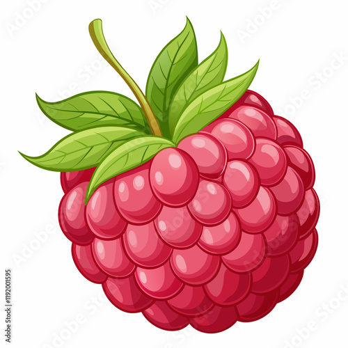 A close-up illustration of a raspberry with green leaves.