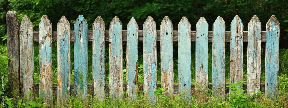 Fototapeta premium Rustic Weathered Blue Picket Fence with Overgrown Grass and Green Foliage Background
