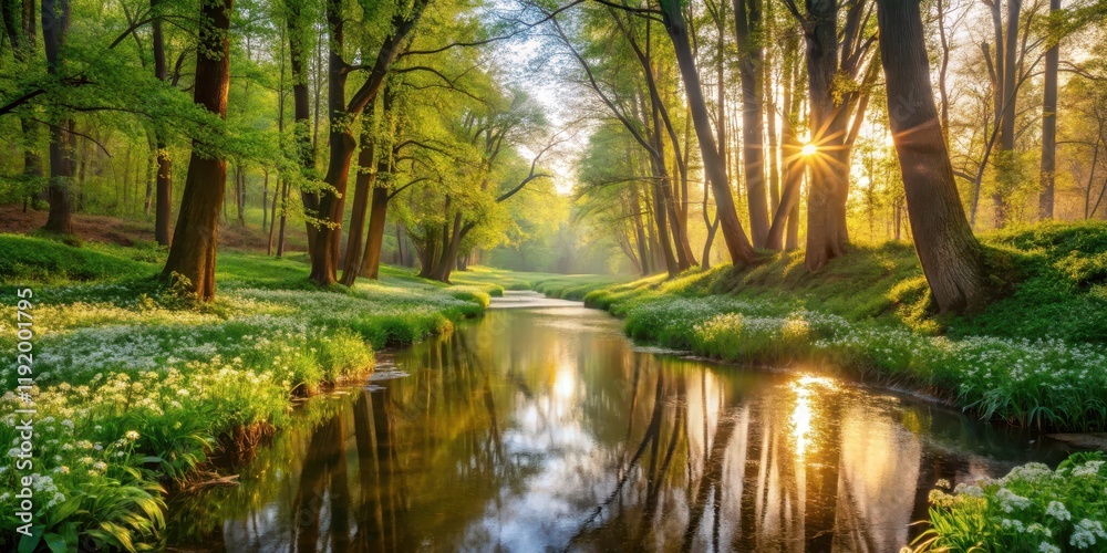 Obraz premium river in spring forest with blooming flowers and lush greenery, surrounded by tall trees and serene atmosphere, dawn, sunlight