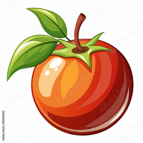 A vibrant illustration of an apple with green leaves and a stem.