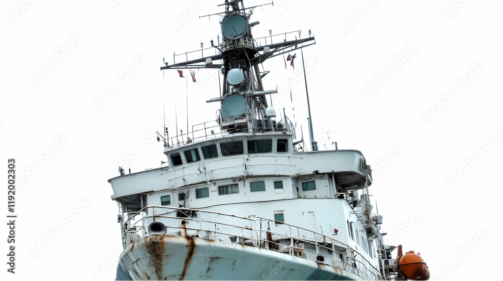 Research vessel at sea, cloudy sky, navigation Research vessel at sea, cloudy sky, navigation