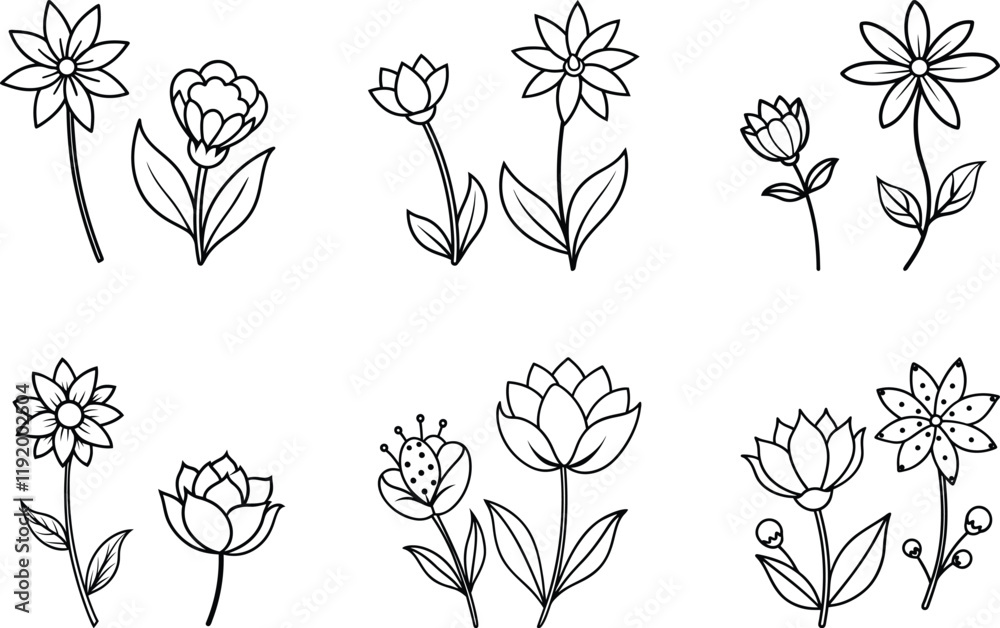 Line art Flower set vector illustration, Line art Flower icon, Line art Flower silhouette vector design Line art Flower set vector illustration, Line art Flower icon, Line art Flower silhouette vector design
