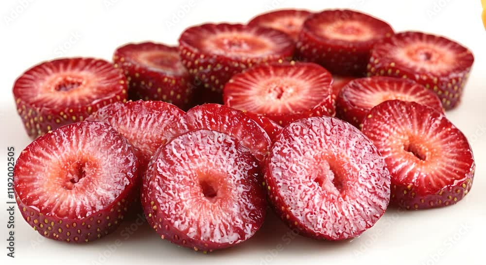 A collection of sliced strawberries arranged on a white background. A collection of sliced strawberries arranged on a white background.