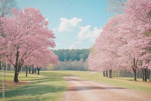 Beautiful cherry blossom park with pink trees in full bloom, path winding through flowers and foliage under blue sky, a showcase of spring beauty. photo