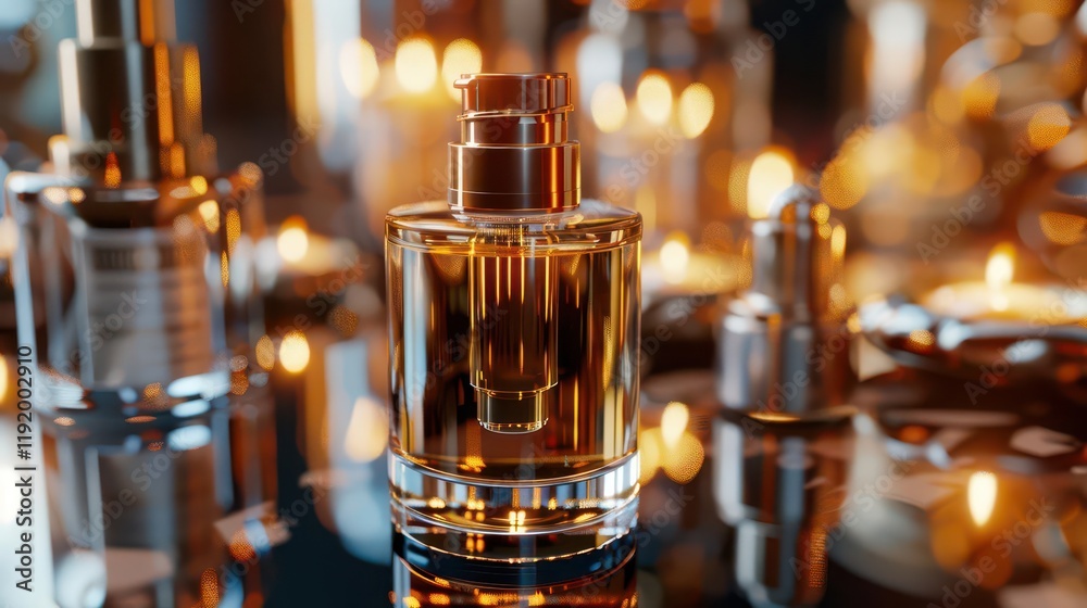 A close-up of a luxurious perfume bottle surrounded by soft candlelight. A close-up of a luxurious perfume bottle surrounded by soft candlelight.