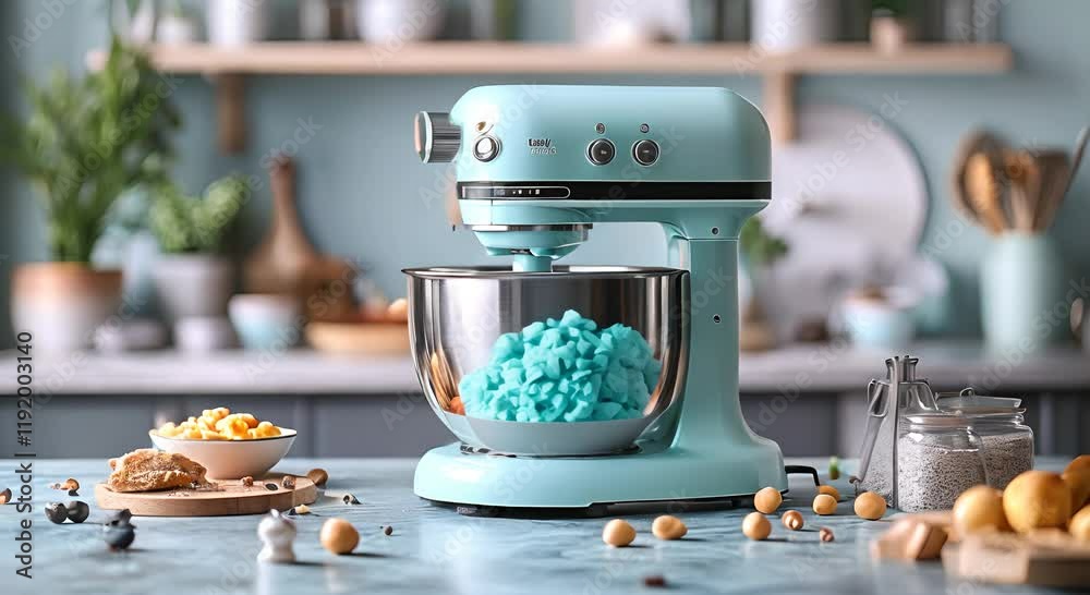 A turquoise stand mixer with a stainless steel bowl, surrounded by baking ingredients.