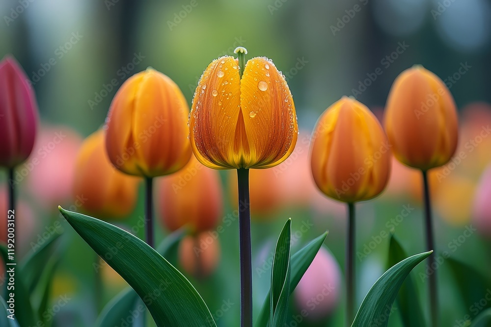 Naklejka premium A close-up of a vibrant yellow Fritillaria meleagris surrounded by colorful tulips, capturing the intricate beauty of spring flowers.
