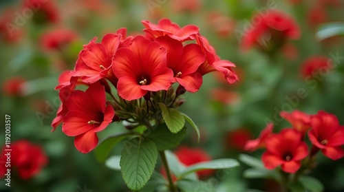 Vibrant Cluster of Red Diascia Flowers in Full Bloom, Petals Radiating, Center Detailed, Green Leaves, Soft Bokeh Background, Close-up, Natural Light, Sunny Day, Warm Tones