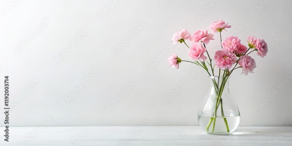 Delicate pink flowers blooming in a modern minimalist vase on a clean white background, still life Delicate pink flowers blooming in a modern minimalist vase on a clean white background, still life