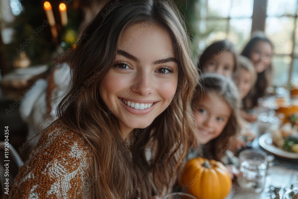 A woman is smiling at the camera while sitting at a table with other people A woman is smiling at the camera while sitting at a table with other people
