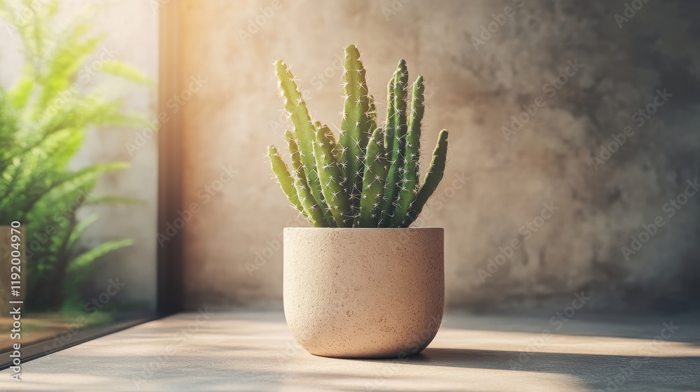 A potted cactus sits on a table, bathed in sunlight. Ideal for home decor, blogs, or minimalist themes. A potted cactus sits on a table, bathed in sunlight. Ideal for home decor, blogs, or minimalist themes.