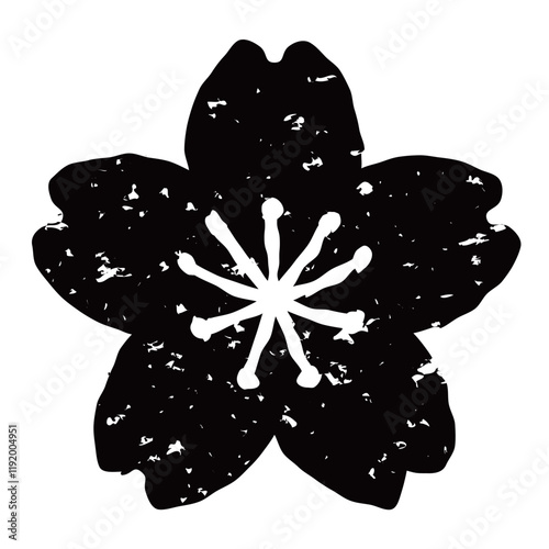 版画風の桜の花のイラスト　背景透過　白黒