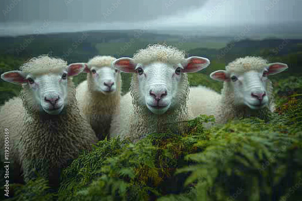 Fototapeta premium A group of white sheep with soft wool, standing in the countryside, showcasing their diversity and gentle expressions.