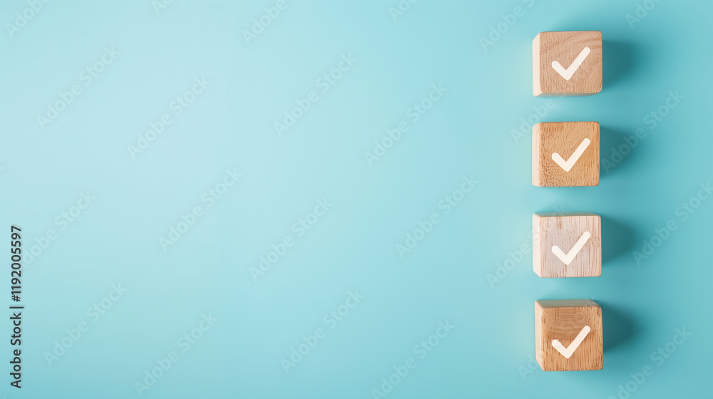 Wooden blocks with white checkmark icons stacked vertically against a soft blue background Wooden blocks with white checkmark icons stacked vertically against a soft blue background