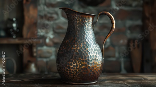 A beautifully crafted copper pitcher with a textured surface, set against a rustic background. photo