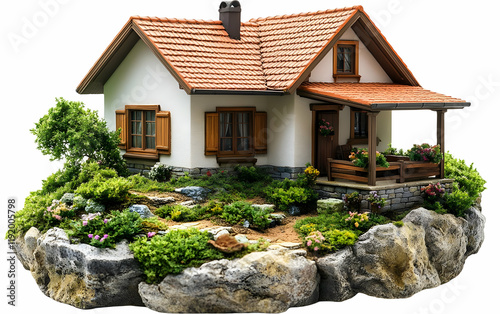Idyllic cottage, landscaped rock garden, white background, home sale