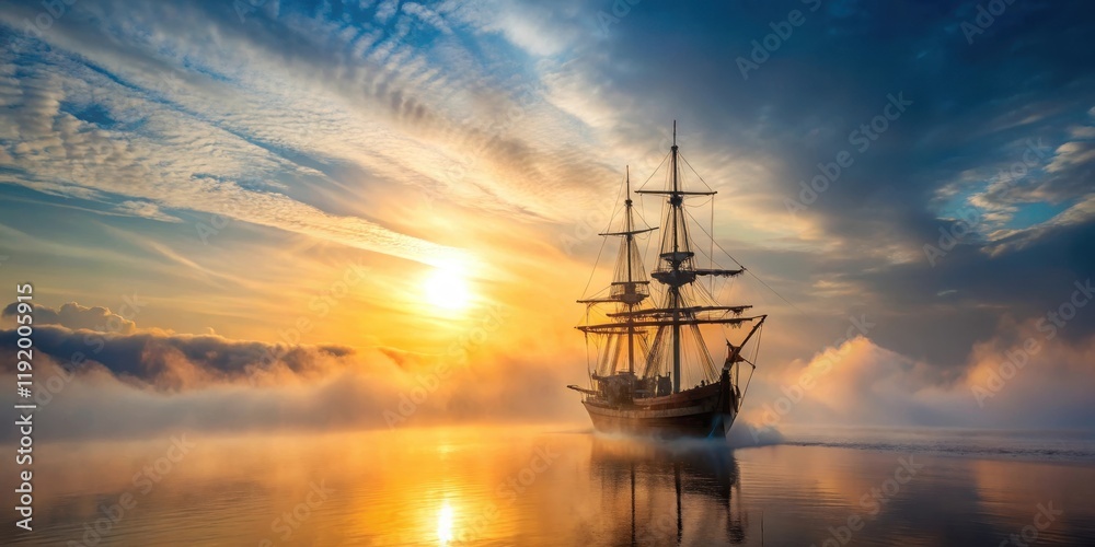 Fototapeta premium Pirate ship sailing through misty fog at sunrise, ship, boat, ship,boat,rise,sunrise,canyon,sea,misty,atmosphere,sea,wrecks,fog,vessel
