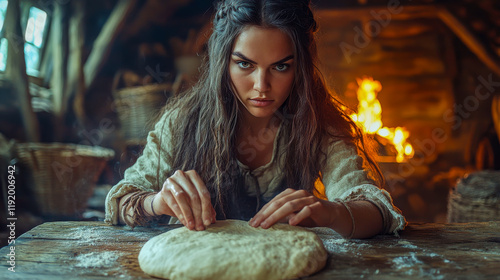 Woman shaping dough in rustic kitchen with wooden interior and warm fireplace in cozy atmosphere, focused expression