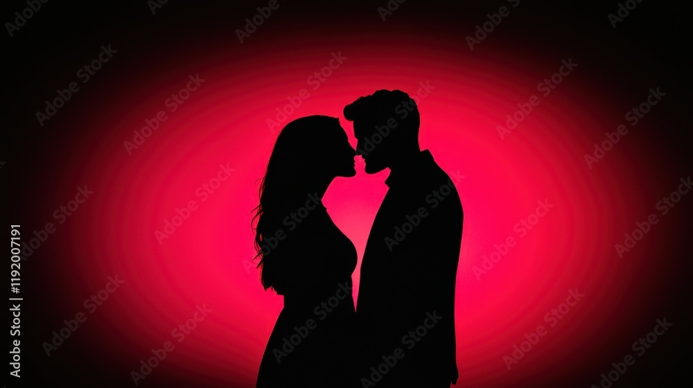 Silhouette of a Romantic Couple Kissing Against a Vibrant Pink Background Silhouette of a Romantic Couple Kissing Against a Vibrant Pink Background