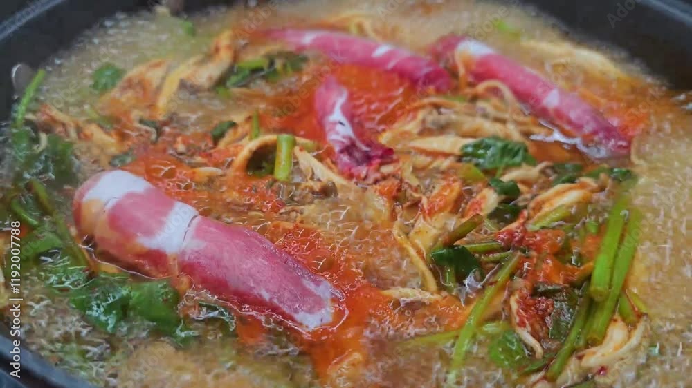Beef and mushroom casserole boiling in a pot in a Korean restaurant Beef and mushroom casserole boiling in a pot in a Korean restaurant