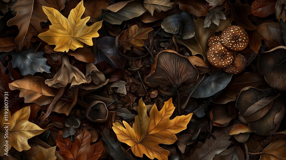 Fototapeta premium autumn mushrooms & leaves texture - dark academia