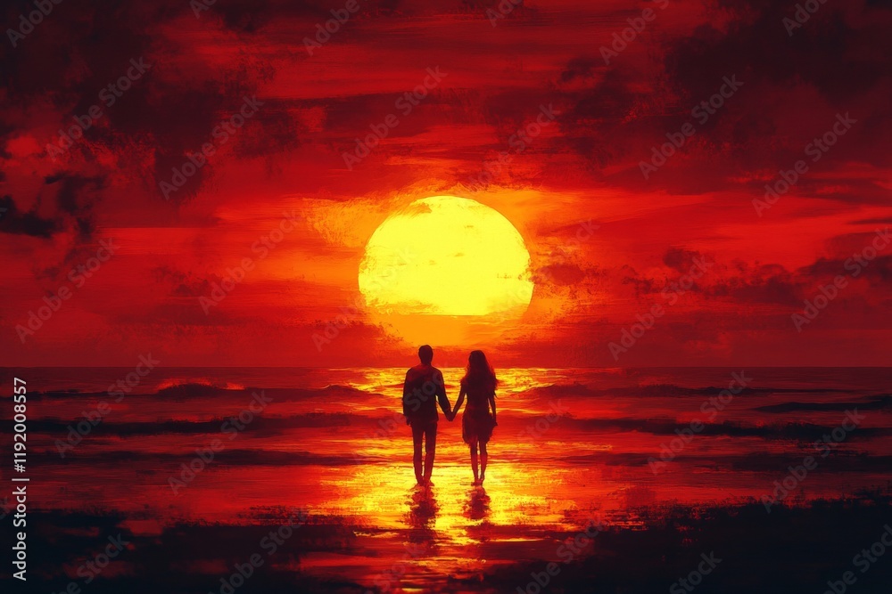 Fototapeta premium A couple is walking on a beach at sunset
