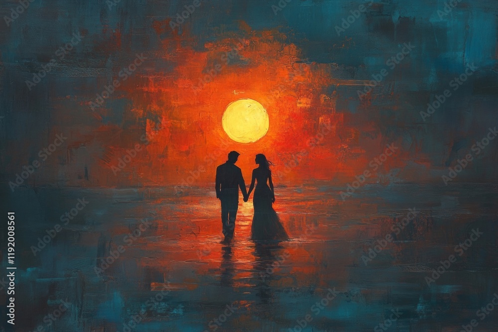 Fototapeta premium A couple is walking on a beach at sunset