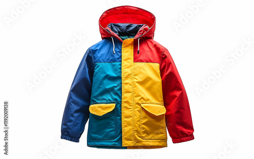 Colorful hooded kids' jacket, studio shot, white background, outerwear photo