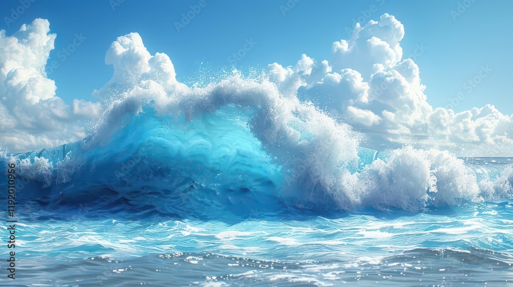 Fototapeta premium A vibrant ocean wave crashing under a blue sky with fluffy clouds.