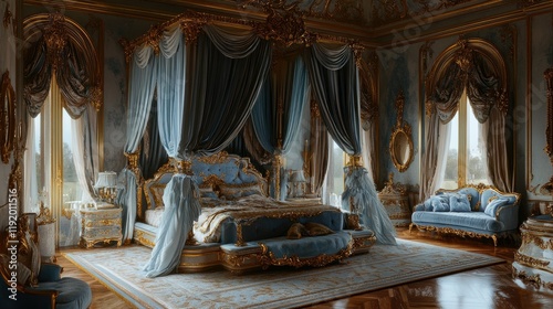 Opulent Blue and Gold Royal Bedroom Interior