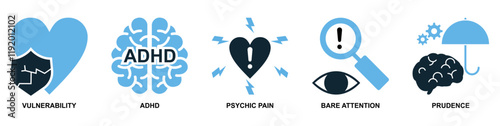 Psychology Icon Vector Set ADHD, Vulnerability, Psychic Pain, Bare Attention, and Prudence Symbols for Mental Health, Therapy, and Emotional Awareness Illustrations in Flat Design